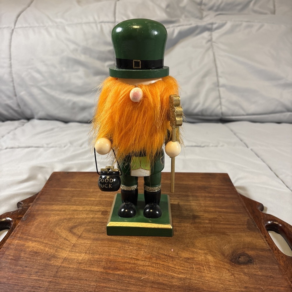 Cute Wooden Nutcracker ST. Patricks Day  GNOME W/BUCKET & SHAMROCK STAFF 9"